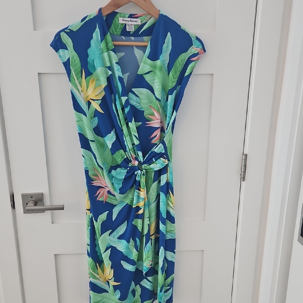 Tommy Bahama Blue Tropical Print Midi Faux Wrap Dress